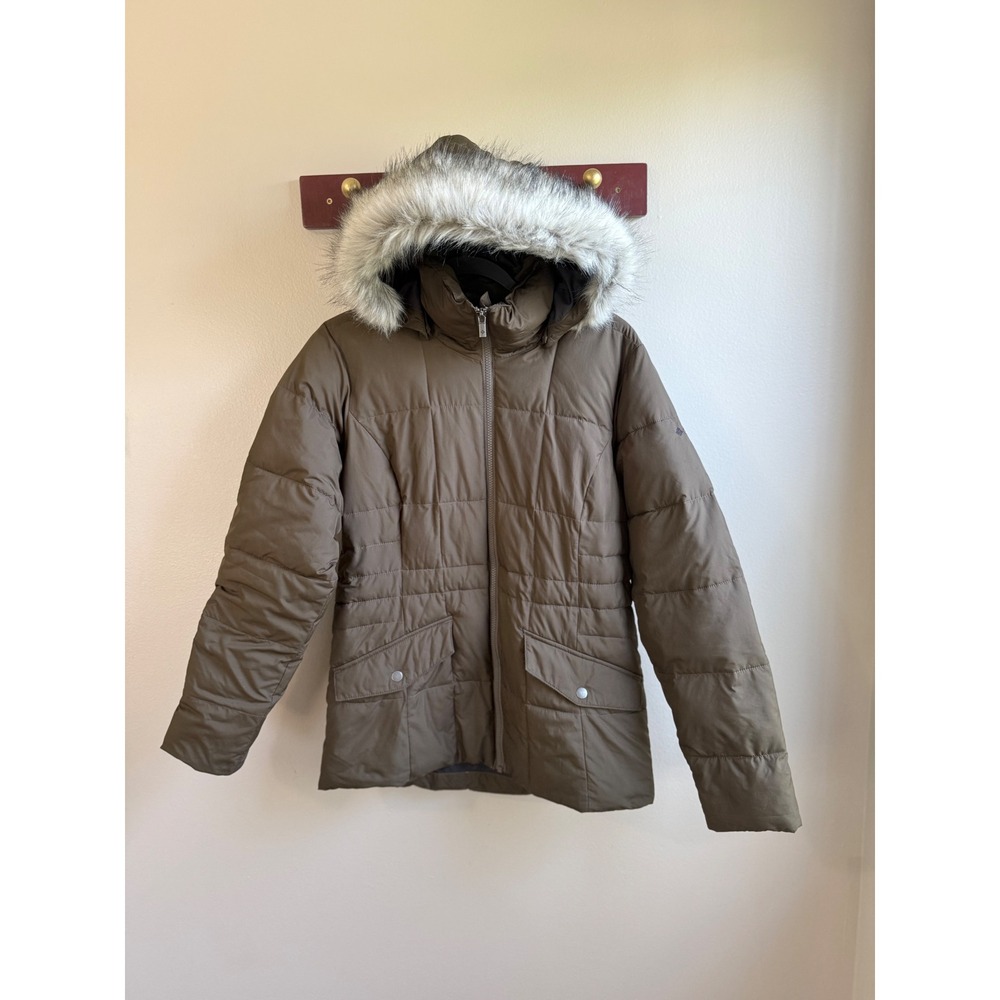 Columbia Womens Brown Puffer Jacket Faux Fur Trim Hooded Insulated Coat Small